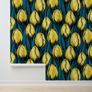 Gelbe Tulpen mit blauen Blätter Tapete