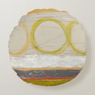 Gelbe u. orange Kreise auf mehrfarbigem Rundes Kissen