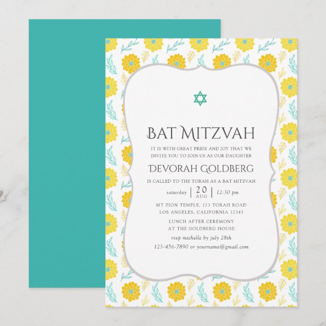 Gelbe und Aquamarine florale Bat Mitzvah Einladung (Vorne/Hinten)