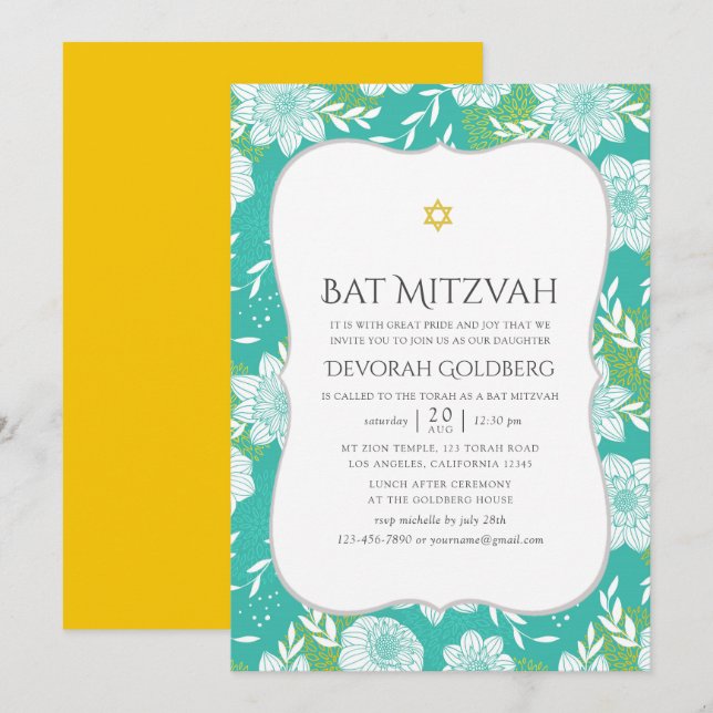 Gelbe und Aquamarine florale Bat Mitzvah Einladung (Vorne/Hinten)