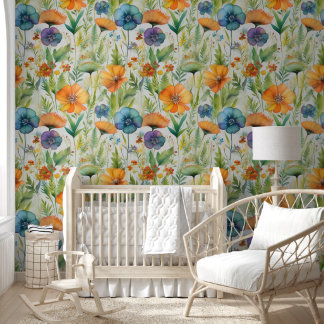 Gelbe und blaue Aquarell-Wildblumen Tapete