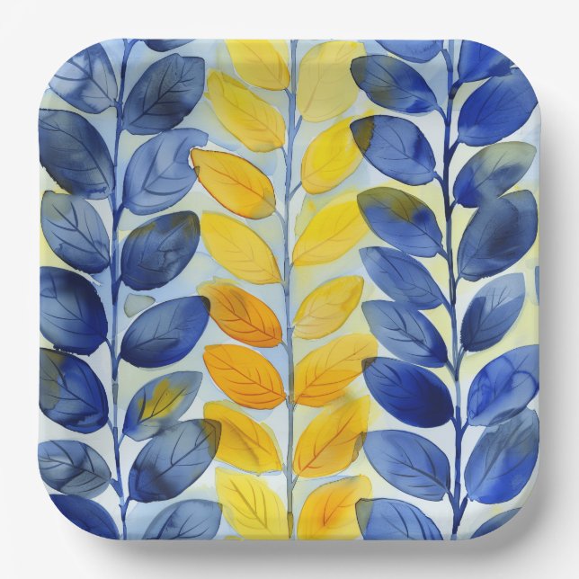 Gelbe und blaue Blätter Pappteller (Vorderseite)