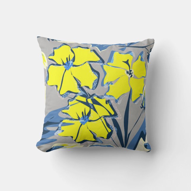 Gelbe und blaue Blumen mit Glitzern. Kissen (Vorderseite)