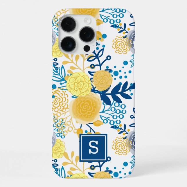 Gelbe und blaue Blumenmonogramm-Initiale iPhone Hülle (Rückseite)