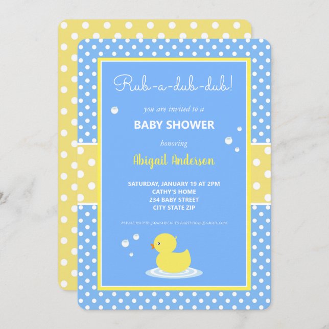 Gelbe und blaue Ente Polka Dots Baby Dusche Invita Einladung (Vorne/Hinten)