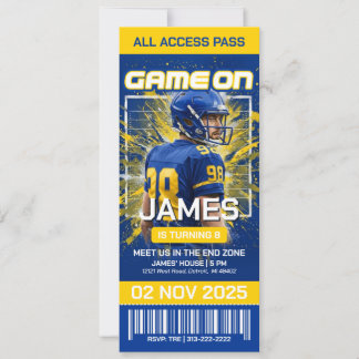Gelbe und blaue Fußball-Ticket-Geburtstags-Einladu Save The Date