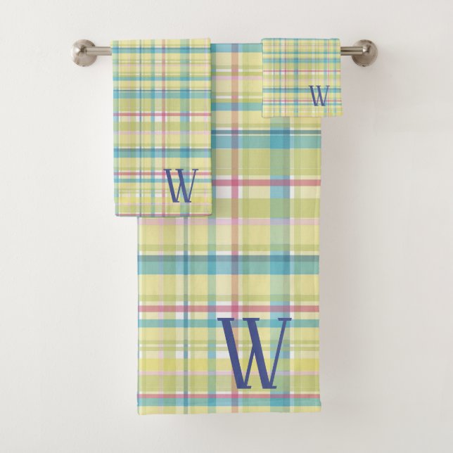 Gelbe und blaue Karierte Monogramm Badhandtuch Set (Insitu)