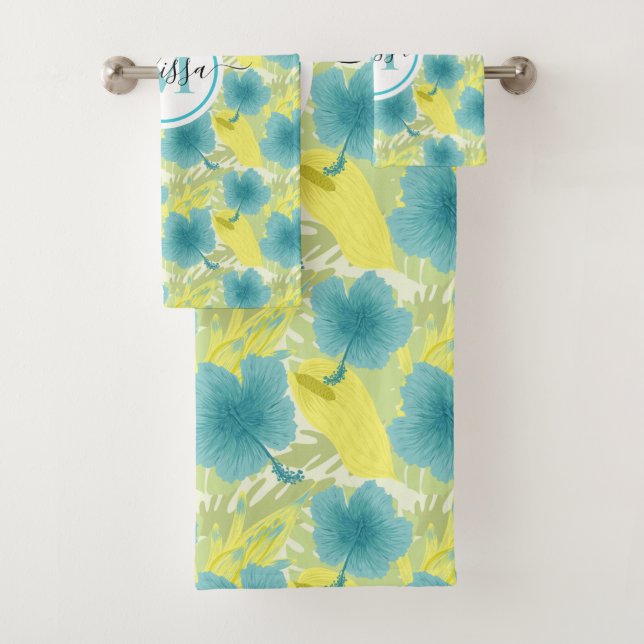 gelbe und blaue Monogramm-Blüte  Badhandtuch Set (Insitu)