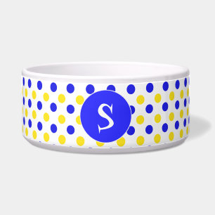 Gelbe und blaue Polka Dosen Mit Monogramm Haustier Napf