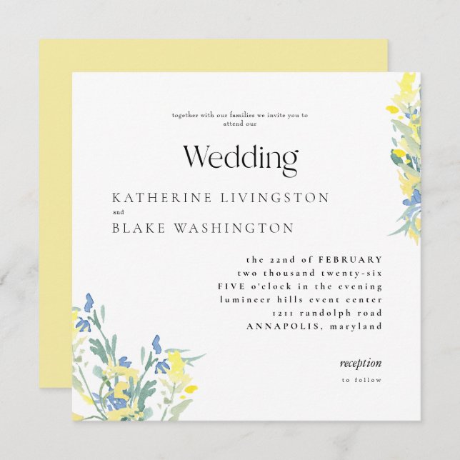 Gelbe und blaue Wildblumen Square Wedding Einladung (Vorne/Hinten)