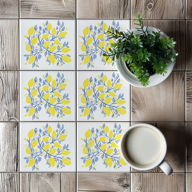 Gelbe und blaue Zitronenschale Fliese (Yellow and Blue Lemon Vines, bright mediterranean style tile)