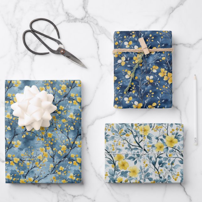 Gelbe und blaue Zweige und Blüten Geschenkpapier Set (Vorderseite)
