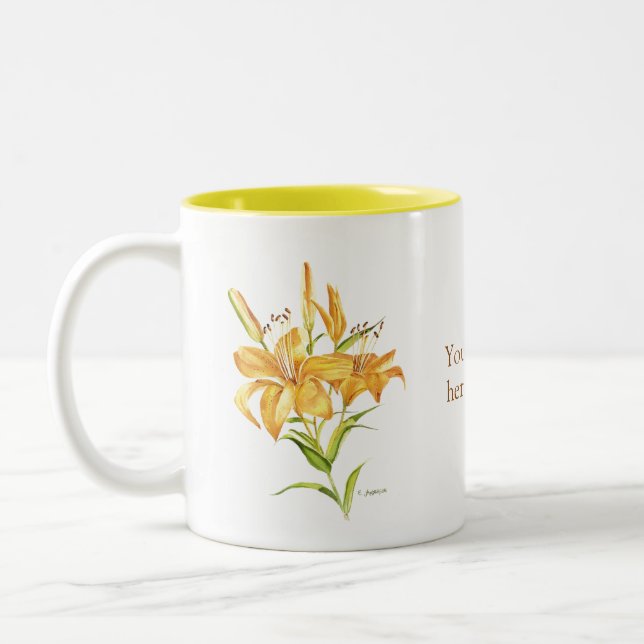 Gelbe und braune Tigerlilie mit Sprichwort-Tasse Zweifarbige Tasse (Links)