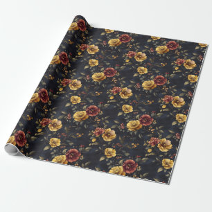 Gelbe und dunkelrosa Blumen auf marineblauem Grund Geschenkpapier