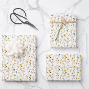 Gelbe und Elfenbeinfarben-Wildblumen auf Weiß Geschenkpapier Set