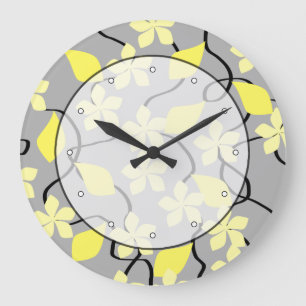 Gelbe und graue Blumen. Blumenmuster Große Wanduhr