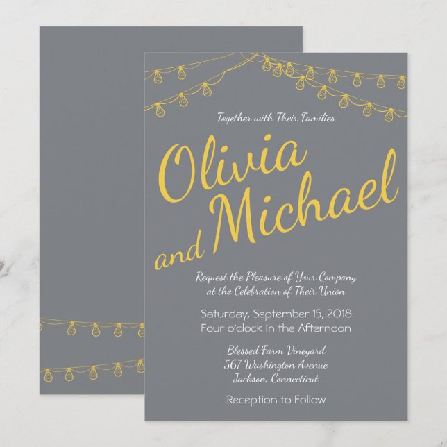 Gelbe und graue Hochzeitseinladung mit Lichtern Einladung (Vorne/Hinten)