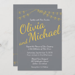 Gelbe und graue Hochzeitseinladung mit Lichtern Einladung