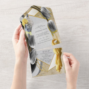 Gelbe und graue moderne Skulptur mit Tulpen All In One Einladung