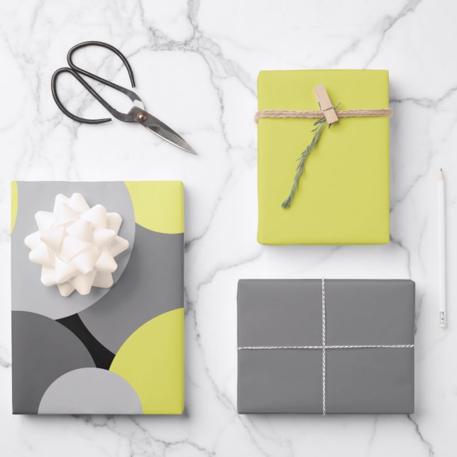 Gelbe und graue Polka-Punkte Geschenkpapier Set (Vorderseite)