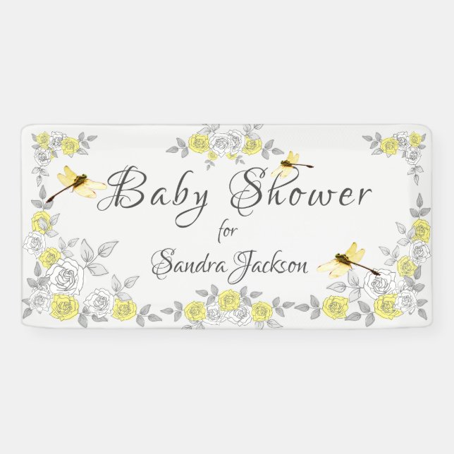 Gelbe und graue Rose Dragonfly Babydusche Bann Banner (Horizontal)