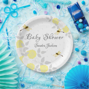 Gelbe und graue Rose Dragonfly Babyduschpapier Pappteller
