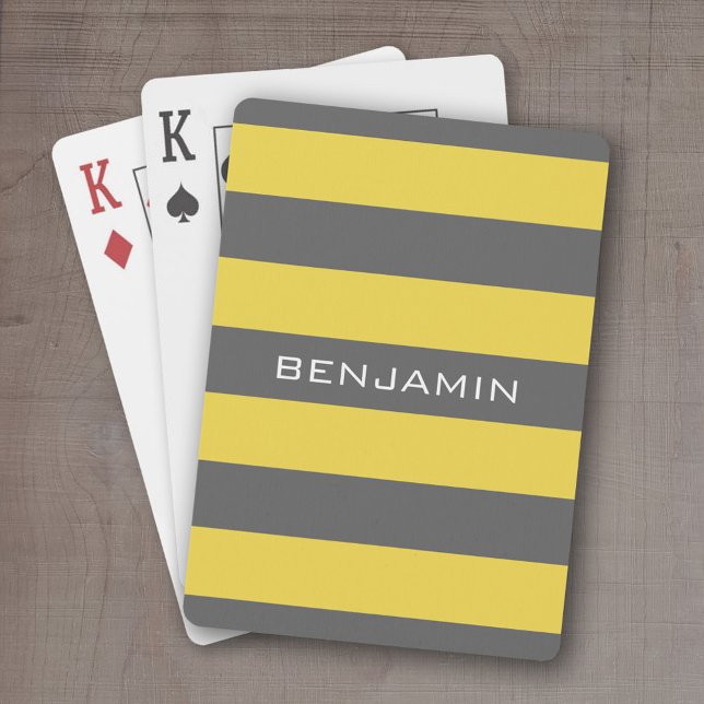 Gelbe und graue Rugby Streifen mit Individuelle Na Spielkarten (Personalized playing cards - sporty, preppy stripe pattern with name. Great gift for the guys!)