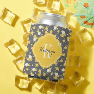 Gelbe und graue Vintage Floral Monogramm Dosenkühler