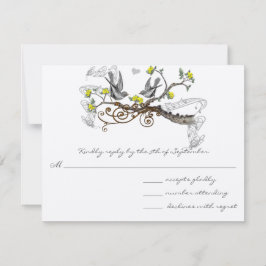 Gelbe und graue Vintage Liebesvögel Hochzeitsfeier RSVP Karte