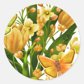 Gelbe und grüne Blumenaufkleber mit Schmetterling Runder Aufkleber