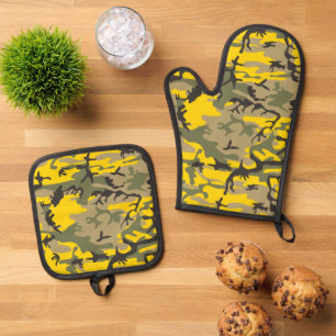 Gelbe und grüne Camouflage, Militär, Armee Ofenhandschuh & Topflappen-Set