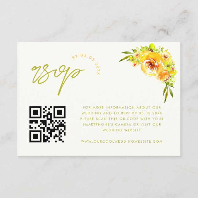 Gelbe und grüne lebendige florale QR-Code-RSVP-Kar Begleitkarte (Vorderseite)