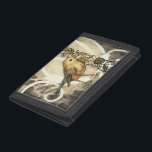 Gelbe und grüne Vögel im Vintagen Hintergrund Tri-fold Geldbeutel<br><div class="desc">Dieser Mix aus Malerei und Skizze zeigt ein nahes Aufsetzen eines gelben und grünen Vogels auf einem schlichten schwarz-beigen Hintergrund. Die weißen Linien im Hintergrund fügen einen Vintagen Ton hinzu. Dieses Bild passt perfekt zu jedem beliebigen Zazzle-Produkt.</div>