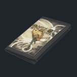 Gelbe und grüne Vögel im Vintagen Hintergrund Tri-fold Geldbeutel<br><div class="desc">Dieser Mix aus Malerei und Skizze zeigt ein nahes Aufsetzen eines gelben und grünen Vogels auf einem schlichten schwarz-beigen Hintergrund. Die weißen Linien im Hintergrund fügen einen Vintagen Ton hinzu. Dieses Bild passt perfekt zu jedem beliebigen Zazzle-Produkt.</div>