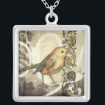 Gelbe und grüne Vögel im Vintagen Hintergrund Versilberte Kette<br><div class="desc">Dieser Mix aus Malerei und Skizze zeigt ein nahes Aufsetzen eines gelben und grünen Vogels auf einem schlichten schwarz-beigen Hintergrund. Die weißen Linien im Hintergrund fügen einen Vintagen Ton hinzu. Dieses Bild passt perfekt zu jedem beliebigen Zazzle-Produkt.</div>