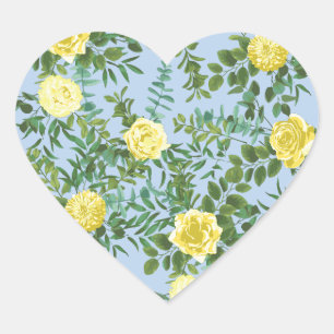 Gelbe und hellblaue Rose Vintage Frühjahrssonne Herz-Aufkleber