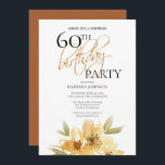Gelbe und Kupfer Blumenüberraschung 60. Geburtstag Einladung<br><div class="desc">Diese Einladung hat eine luftige Eleganz,  die perfekt für Ihre besondere Veranstaltung ist. Dieses Design zeichnet sich durch weiche gelbe Blumen und eine individuelle Typografie auf einem knusprigen weißen Hintergrund aus. Die Rückseite ist mit einer reichen Kupferfarbe versehen. Fügen Sie Ihre Informationen hinzu,  um das Aussehen zu vervollständigen.</div>