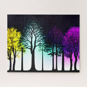 Gelbe und Lila Blätter auf schwarzen Silhouetten Puzzle