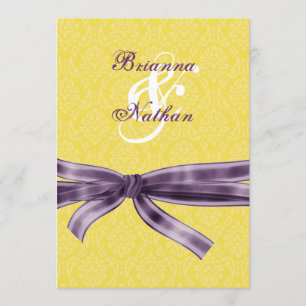 Gelbe und Lila Damask & Bow Hochzeit Einladung