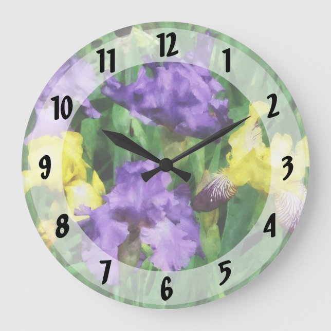 Gelbe und lila Iris Große Wanduhr (Vorderseite)