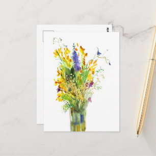 Gelbe und lila Sommer-Wildblumen-Wasserfarbe Postkarte