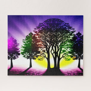 Gelbe und Lila Sonnenuntergänge hinter silberfarbe Puzzle