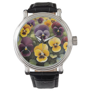 Gelbe und lila Stiefmütterchen Aquarellmalerei Armbanduhr