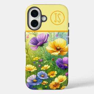 Gelbe und Lila Wildblumen Mit Monogramm iPhone 16 Hülle