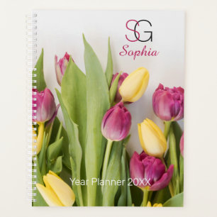 Gelbe und Maronen Tulips, Name Monogramm, Jahr Planer