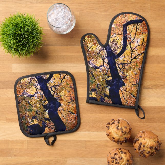Gelbe und orangefarbene Blätter Ofenhandschuh & Topflappen-Set (Oben Unten)