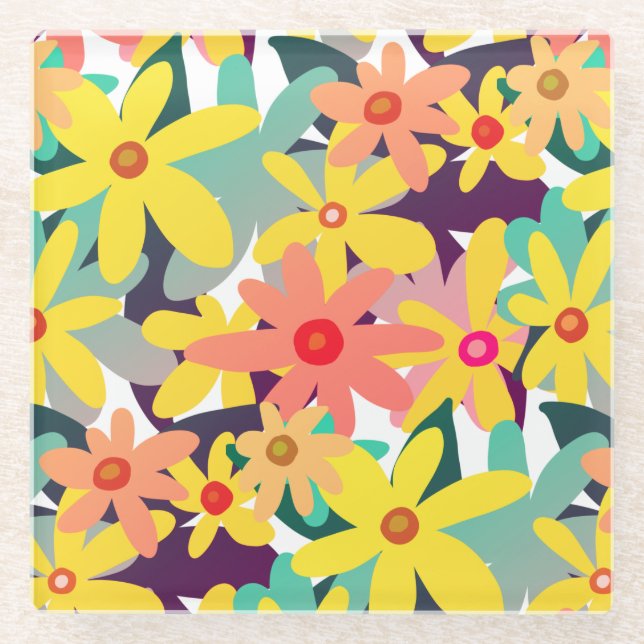 Gelbe und orangefarbene Blume Glasuntersetzer (Vorderseite)