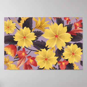 Gelbe und orangefarbene Blumen auf lila Hintergrun Poster