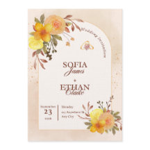 Gelbe und Pfirsichfarbene Florale Hochzeitseinladu