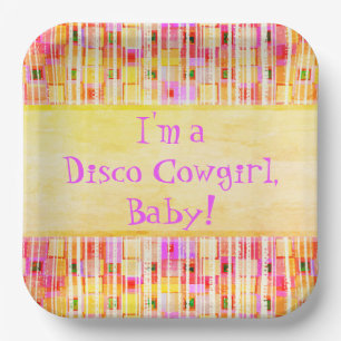 Gelbe und rosa Disco Cowgirl Fringe Pappteller